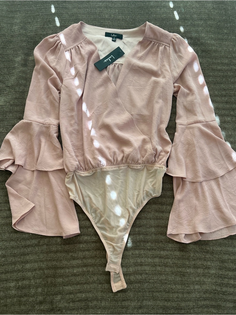 Lulu's Dusty Blush Wrap Ruffle-Sleeve One-Piece Bodysuit